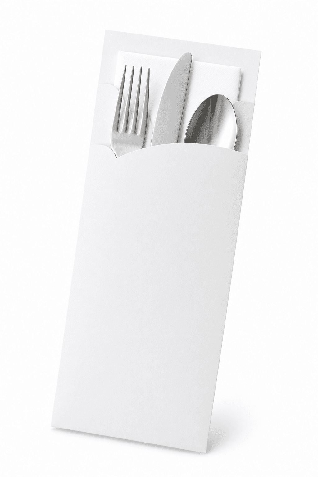 Blanco bestekzakje met mes, vork, lepel en een servet erin.
