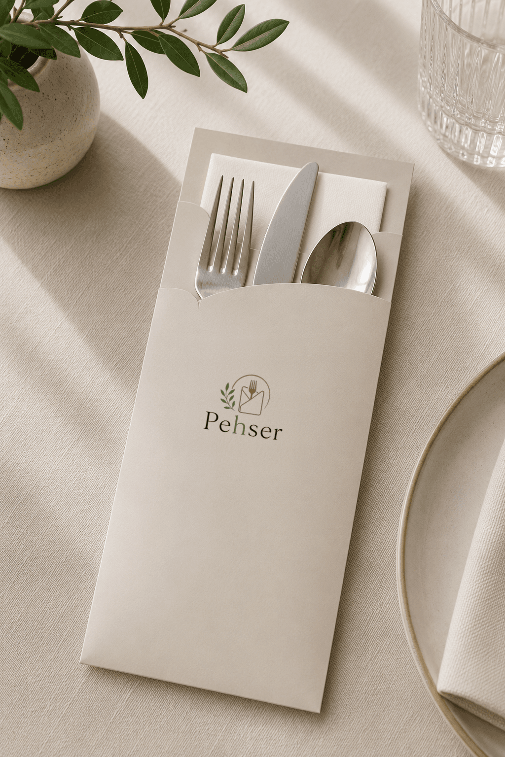 Bestekzakje met het Pehser-logo, gevuld met mes, vork, lepel en een servet.