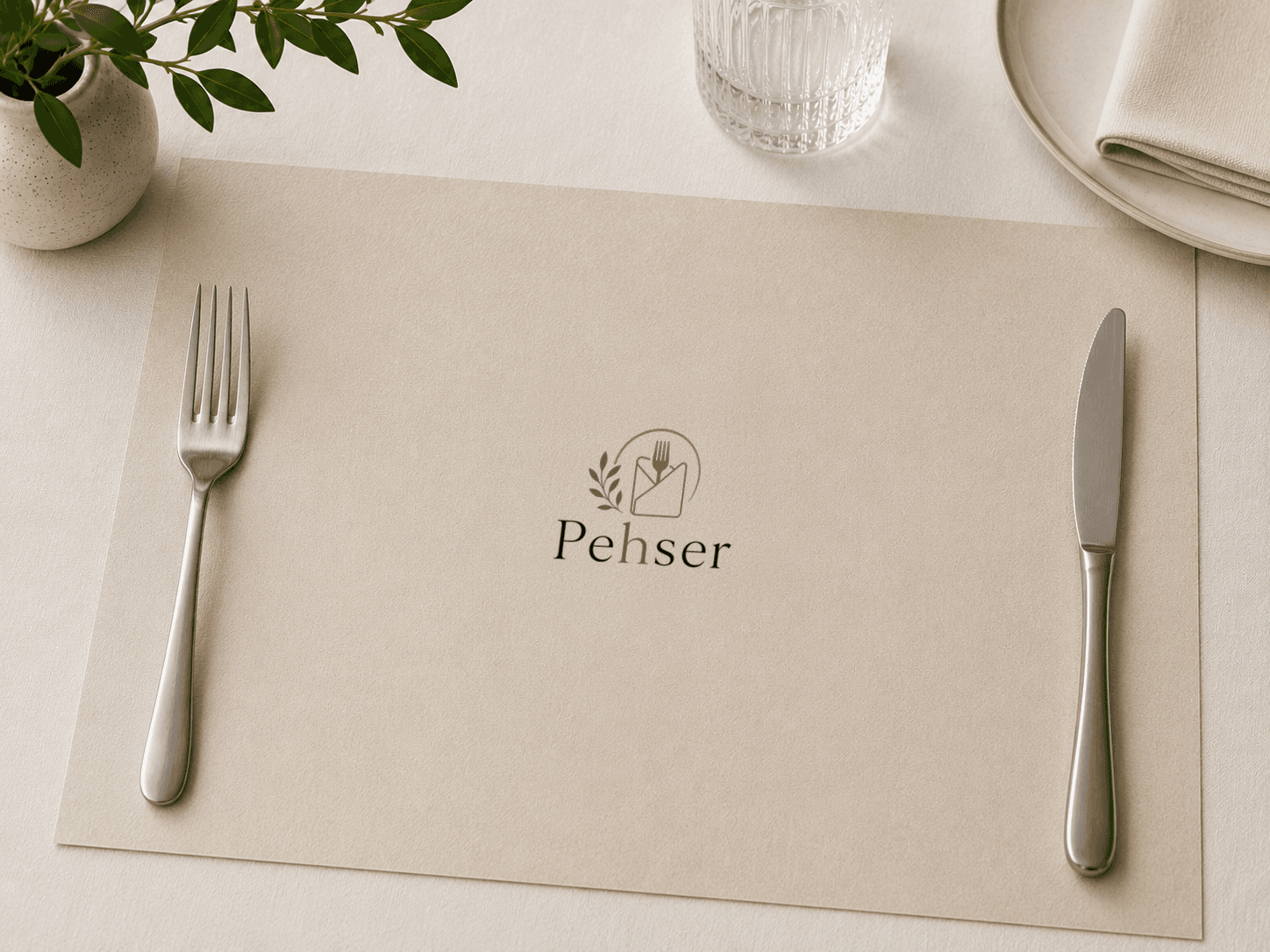 Bedrukte placemat met het Pehser-logo, gedekt met bestek, glas en een servet.