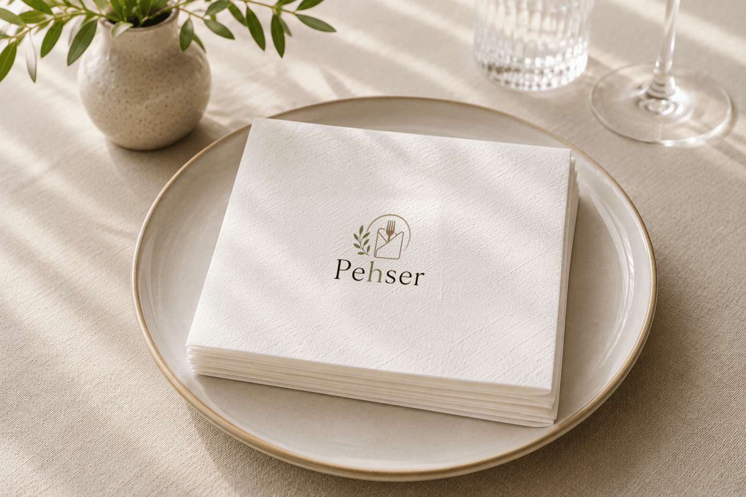 Stapel bedrukte servetten met het Pehser-logo, op een bord op een gedekte tafel.
