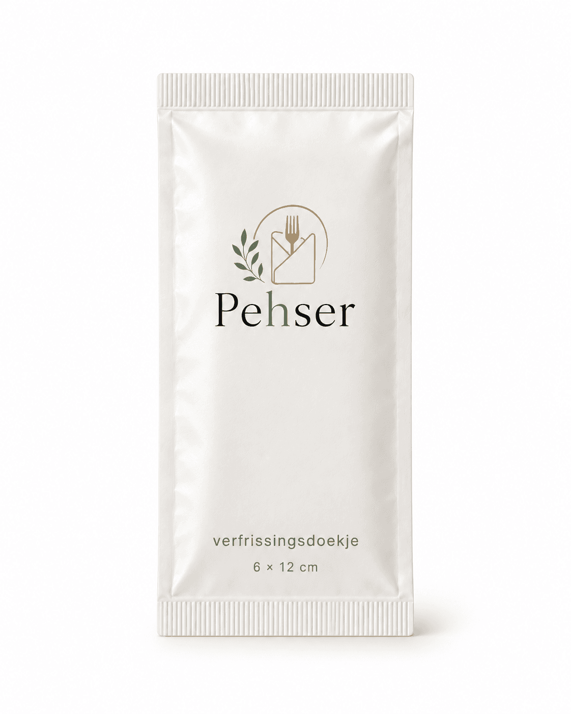 Verfrissingsdoekje van 6 × 12 cm in een zakje met het Pehser-logo.