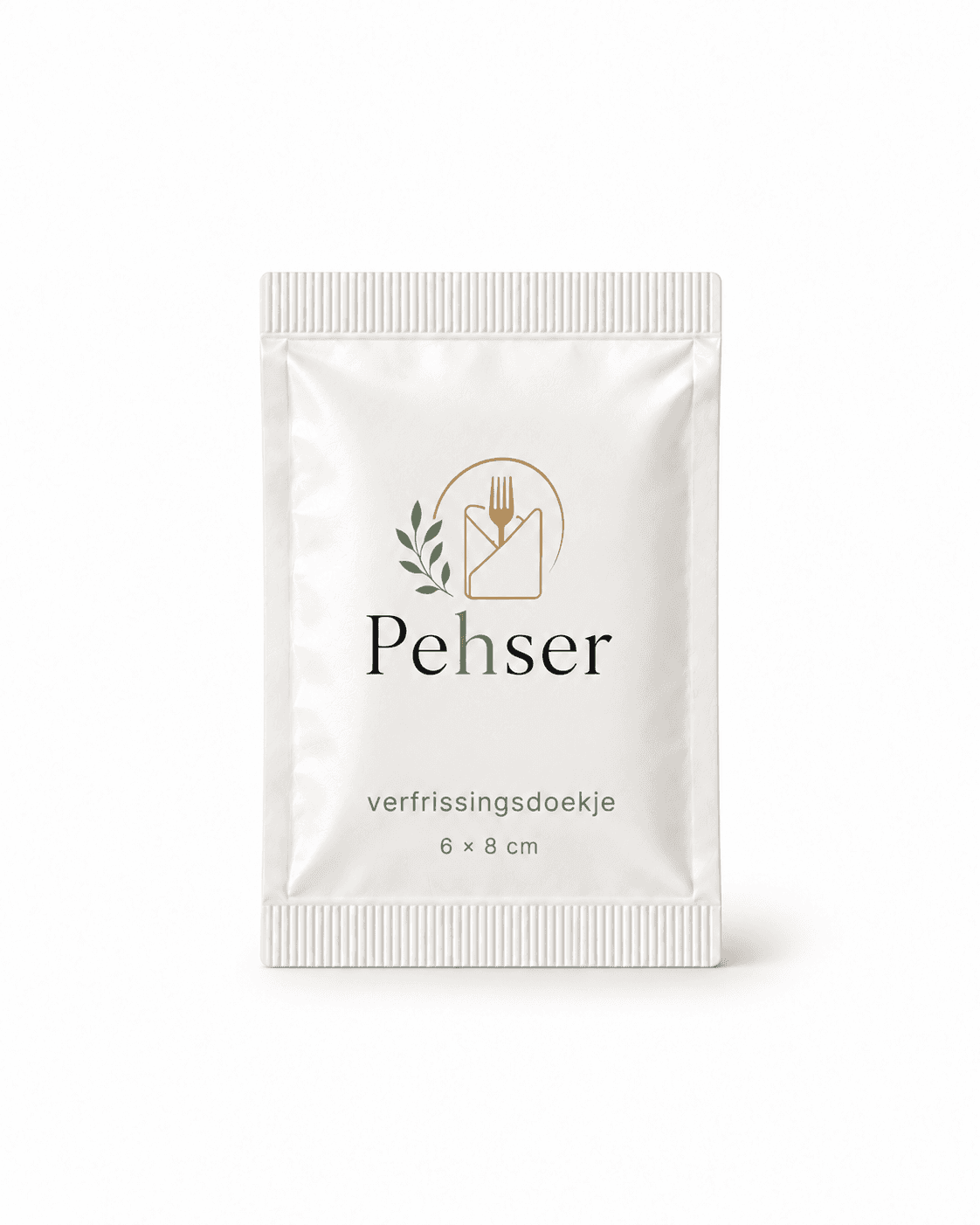 Verfrissingsdoekje van 6 × 8 cm in een zakje met het Pehser-logo.
